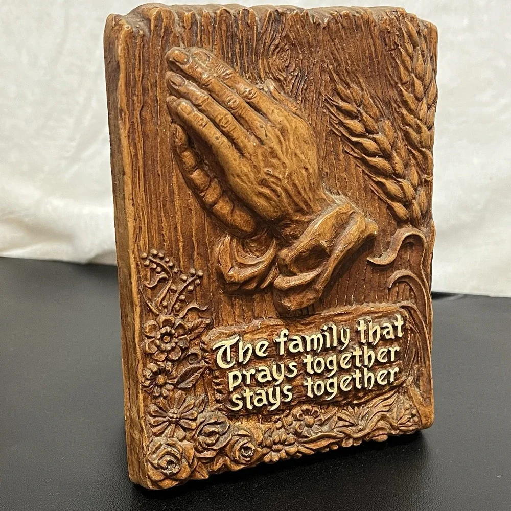 Vintage MCM Napkin Holder Mail Caddy Praying Hands FAMILY Made in USA Faux Wood
